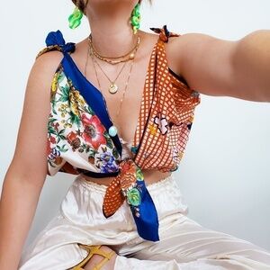 Vintage Blue and Orange Floral Scarf Top